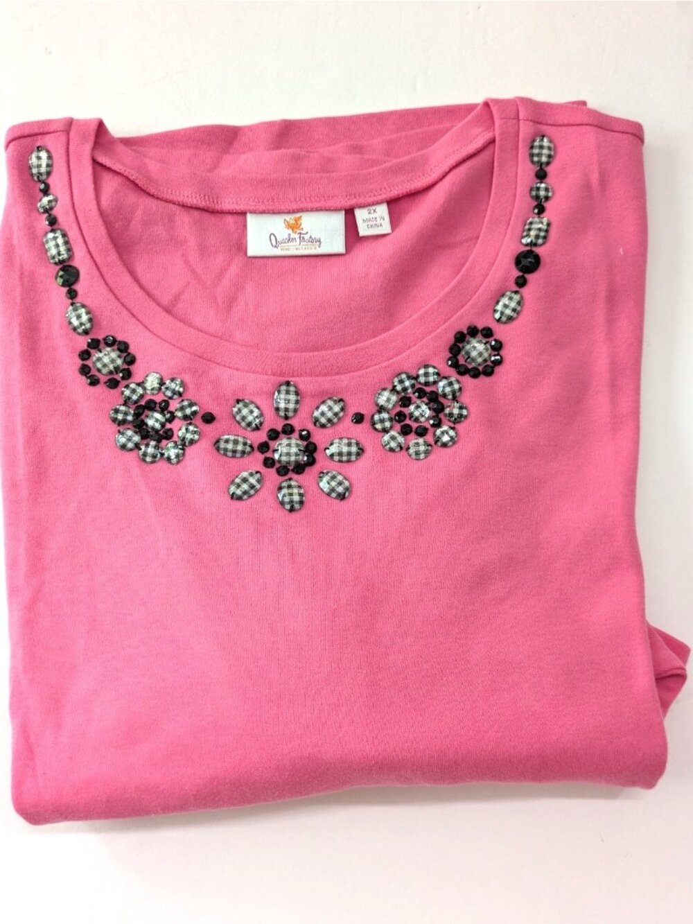 Quacker Factory Pink Knit Top Shirt Womens Size 2X Black Gingham Flower Accents